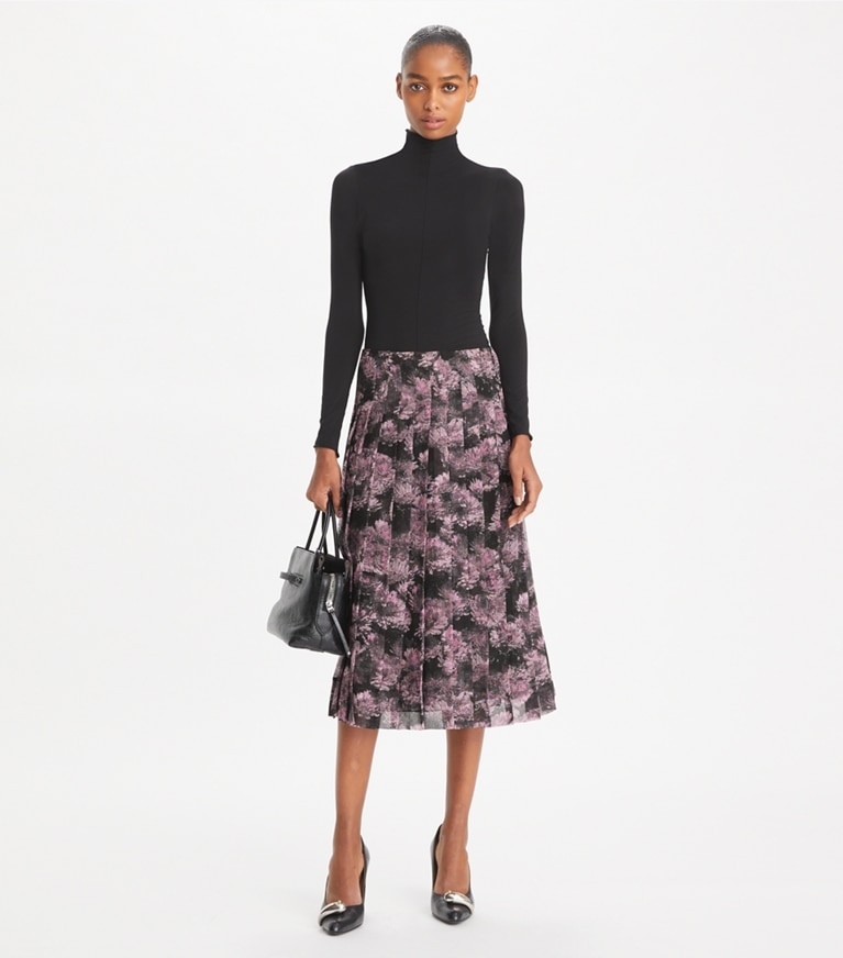 Tory Burch designer bas Jupe plissée en soie imprimée in Pink Pixel Floral front