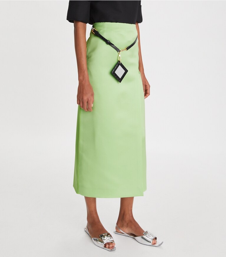 Tory Burch designer bas Jupe portefeuille en satin dans Mint détail sur modèle