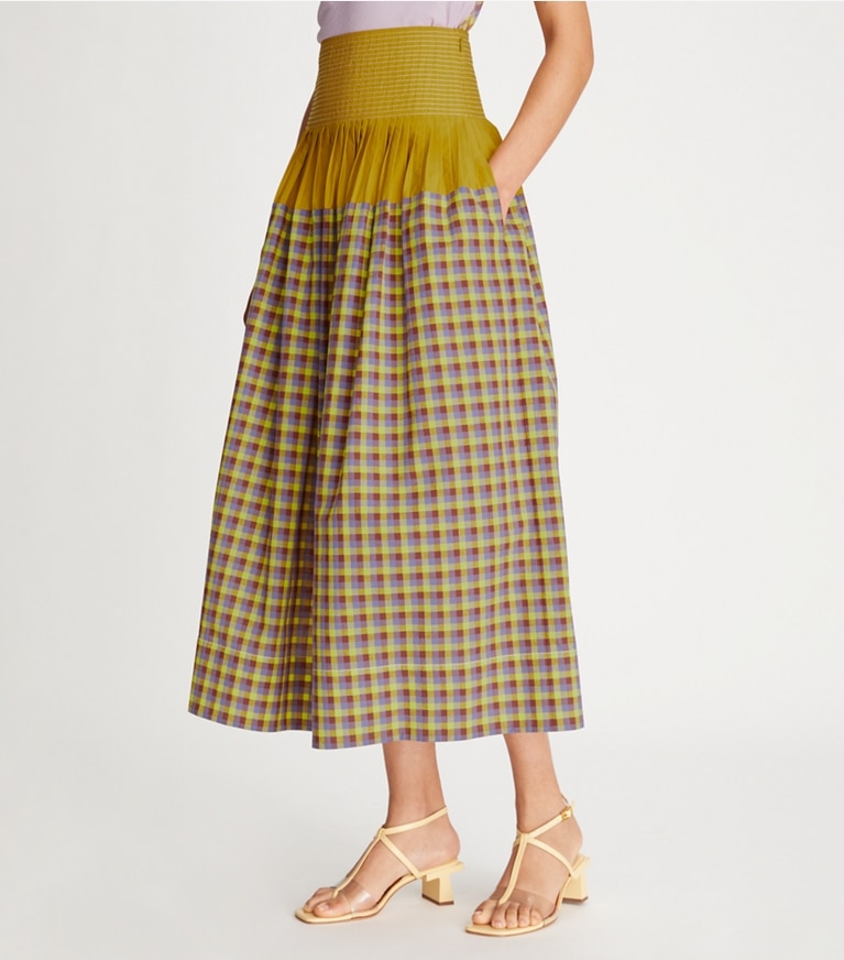 Tory Burch designer bas Jupe Veronica color-block à carreaux dans Lemon Lime détail sur modèle