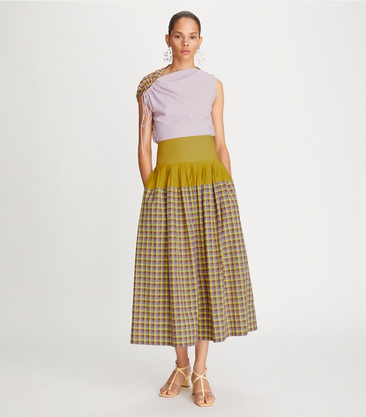 Tory Burch designer bas Jupe Veronica color-block à carreaux dans Lemon Lime sur modèle, de face