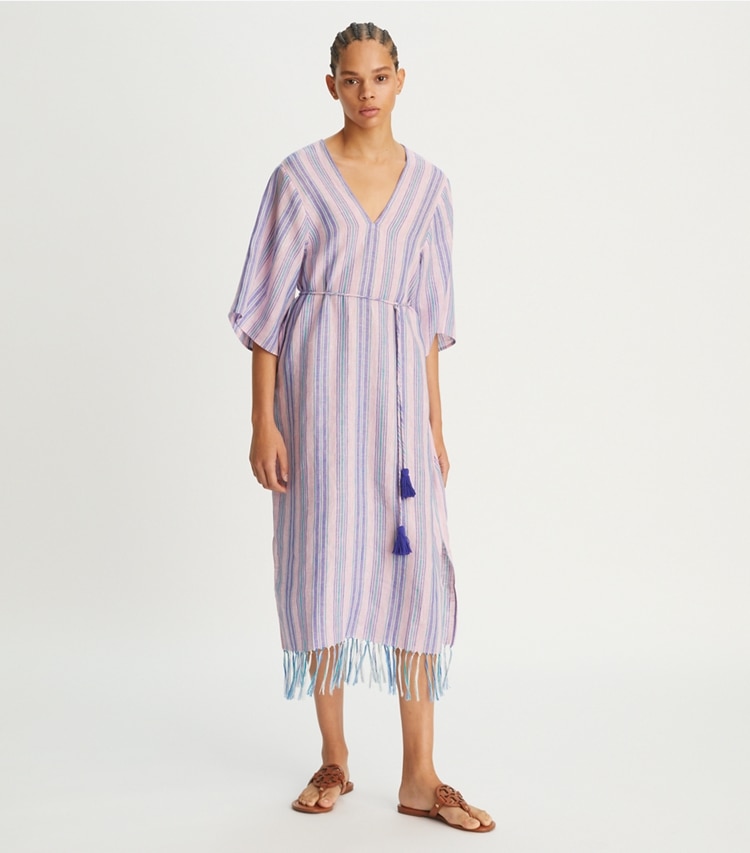 Tory Burch designer strandmode Kaftan in Midilänge in PURPLE STRIPE modell von vorn