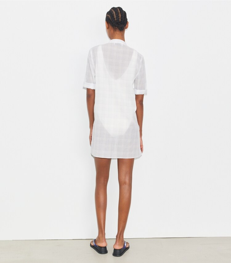 Tory Burch designer strandmode Karierte Strandbluse aus Baumwolle in BLUE PLAID on model back