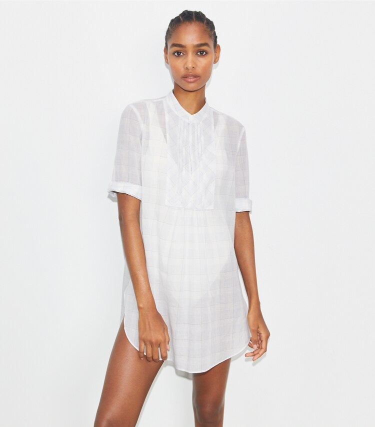 Tory Burch designer strandmode Karierte Strandbluse aus Baumwolle in BLUE PLAID on model detail