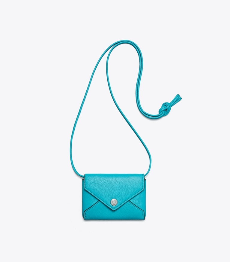 Tory Burch designer reise accessoires Kartenetui mit Umhängeband in Soft Turquoise von oben
