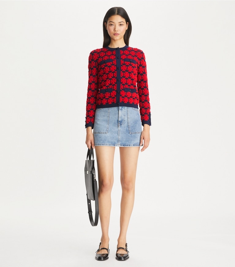 Tory Burch designer sweaters Kendra Bouclé Cardigan in Maraschino Red / Medium Navy front