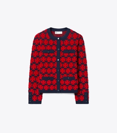 Tory Burch designer sweaters Kendra Bouclé Cardigan in Maraschino Red / Medium Navy front
