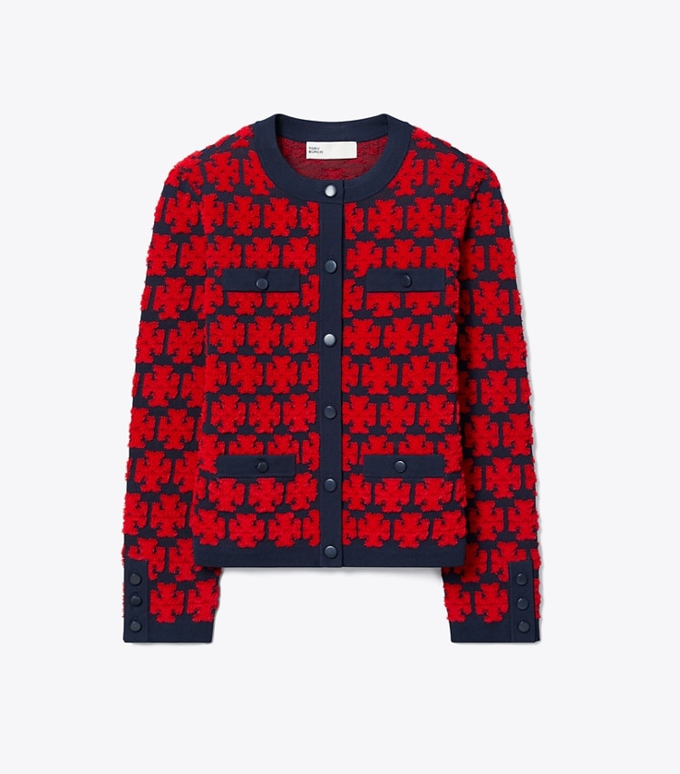 Tory Burch designer sweaters Kendra Bouclé Cardigan in Maraschino Red / Medium Navy front