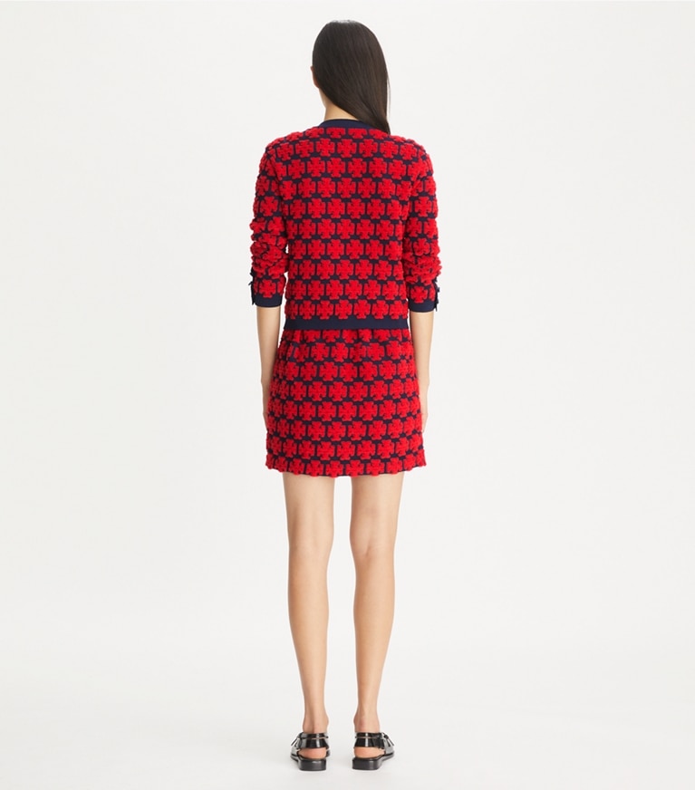 Tory Burch designer sweaters Kendra Bouclé Cardigan in Maraschino Red / Medium Navy front
