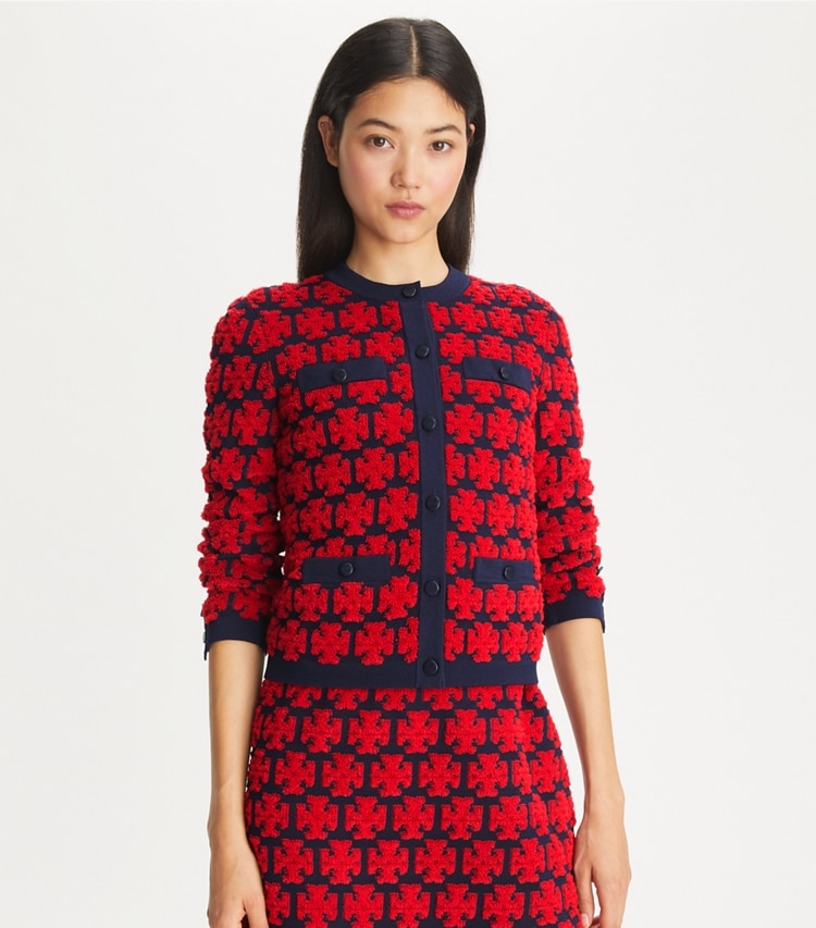 Tory Burch designer sweaters Kendra Bouclé Cardigan in Maraschino Red / Medium Navy on model detail