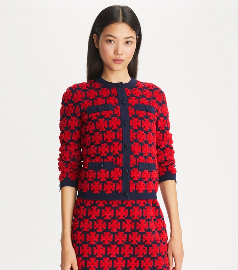 Tory Burch designer sweaters Kendra Bouclé Cardigan in Maraschino Red / Medium Navy front