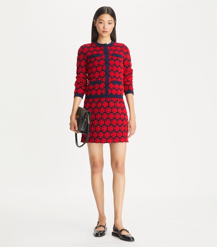 Tory Burch designer sweaters Kendra Bouclé Cardigan in Maraschino Red / Medium Navy on model front