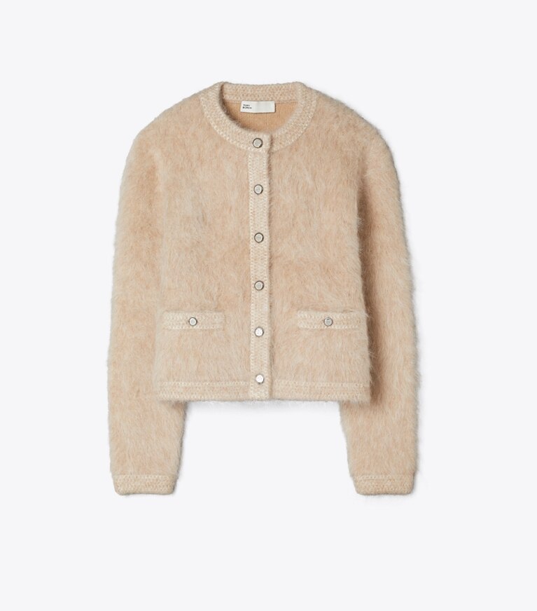 Tory Burch designer sweaters Kendra Brushed Cardigan in Oatmeal Beige / Soft Beige front