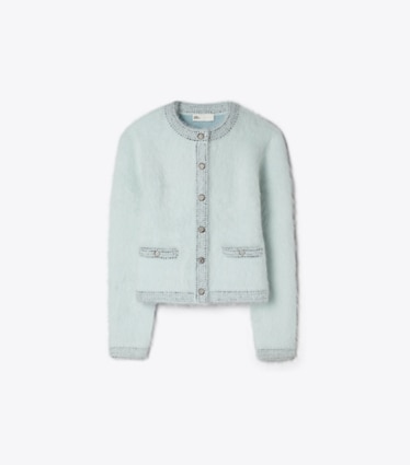 Tory Burch designer sweaters Kendra Brushed Cardigan in Frosty Sky / Ice Floe front