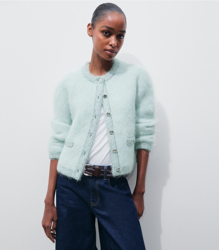 Tory Burch designer sweaters Kendra Brushed Cardigan in Frosty Sky / Ice Floe on model detail