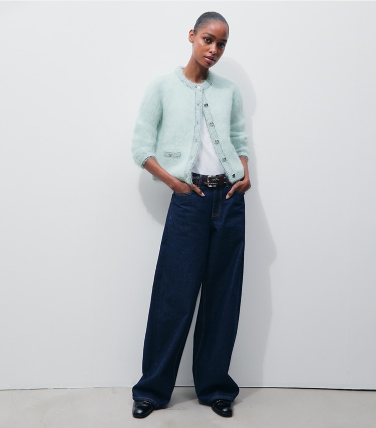 Tory Burch designer sweaters Kendra Brushed Cardigan in Frosty Sky / Ice Floe on model front