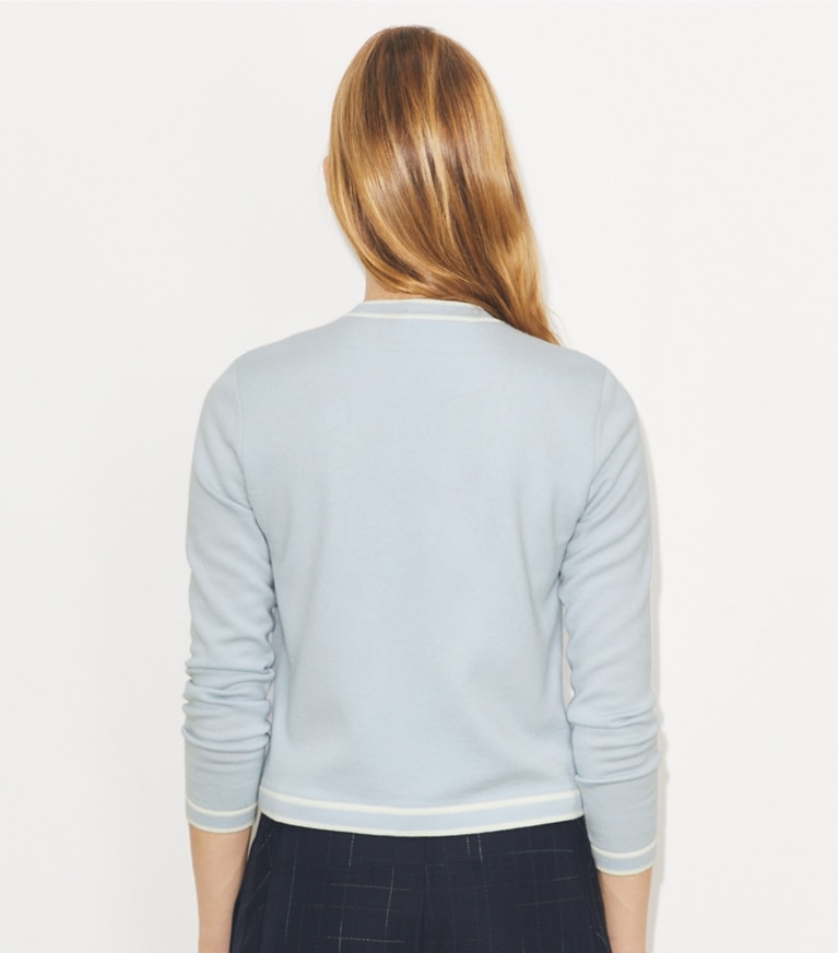 Tory Burch designer strickware Kendra Cardigan in Blue / New Ivory additional on model