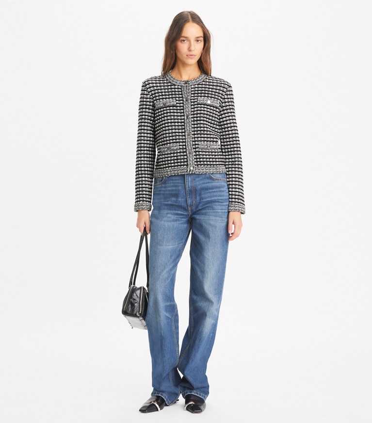 Tory Burch designer strickware Kendra Cardigan aus Jacquard in Black / White front