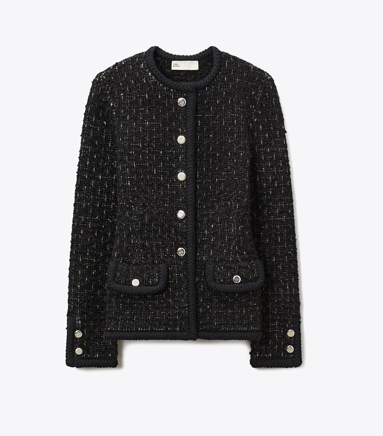 Tory Burch designer strickware Kendra Cardigan aus Metallic-Tweed in Black Multi front