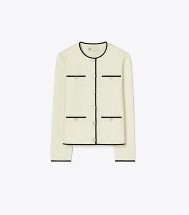 Tory Burch designer strickware Kendra Cardigan aus Wolle in NEW IVORY/ BLACK front