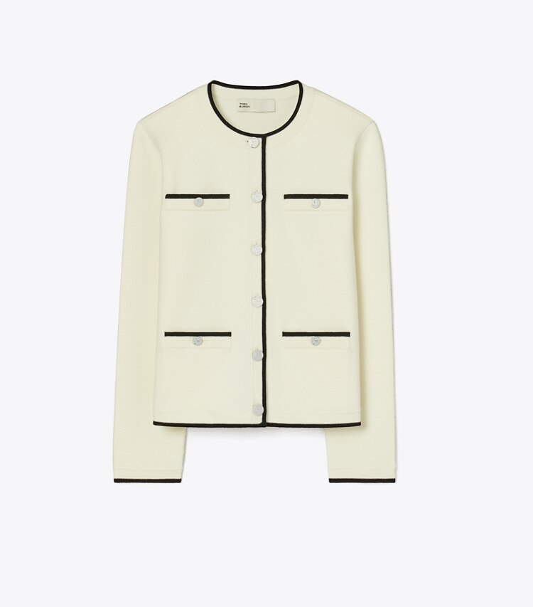 Tory Burch designer strickware Kendra Cardigan aus Wolle in NEW IVORY/ BLACK front