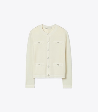 Tory Burch designer sweaters Kendra Cardigan in Light New Ivory / White Asparagus front