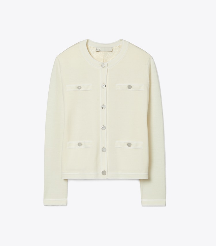 Tory Burch designer sweaters Kendra Cardigan in Light New Ivory / White Asparagus front