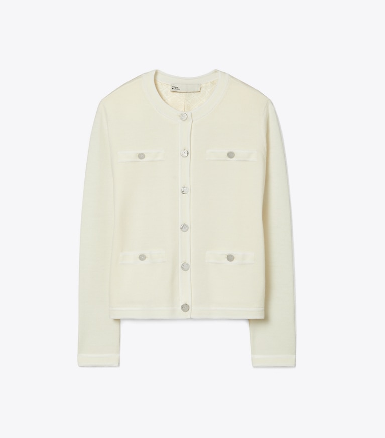 Tory Burch designer sweaters Kendra Cardigan in Light New Ivory / White Asparagus front
