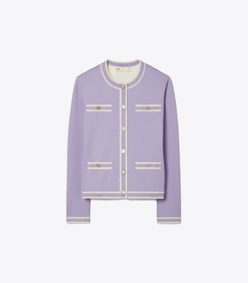 Tory Burch designer セーター ケンドラ カーディガン in Crisp Lavender / New Ivory front