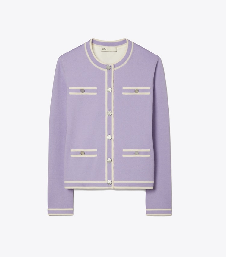 Tory Burch designer セーター ケンドラ カーディガン in Crisp Lavender / New Ivory front