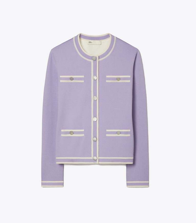 Tory Burch designer セーター ケンドラ カーディガン in Crisp Lavender / New Ivory front