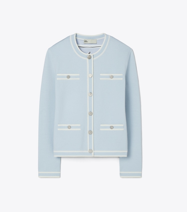 Tory Burch designer strickware Kendra Cardigan in Blue / New Ivory front