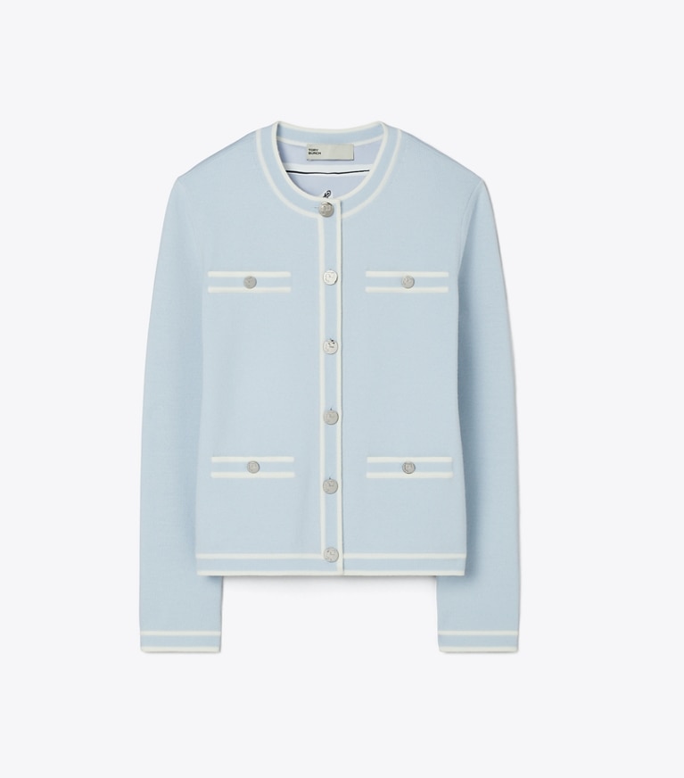 Tory Burch designer strickware Kendra Cardigan in Blue / New Ivory front