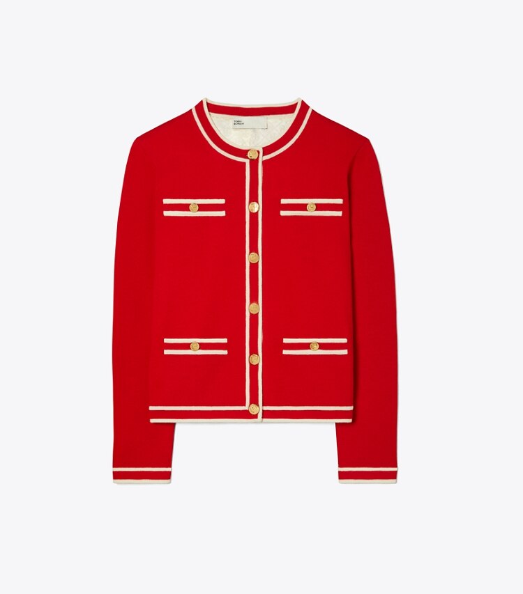 Tory Burch designer セーター ケンドラ カーディガン in Red Begonia / Creme front