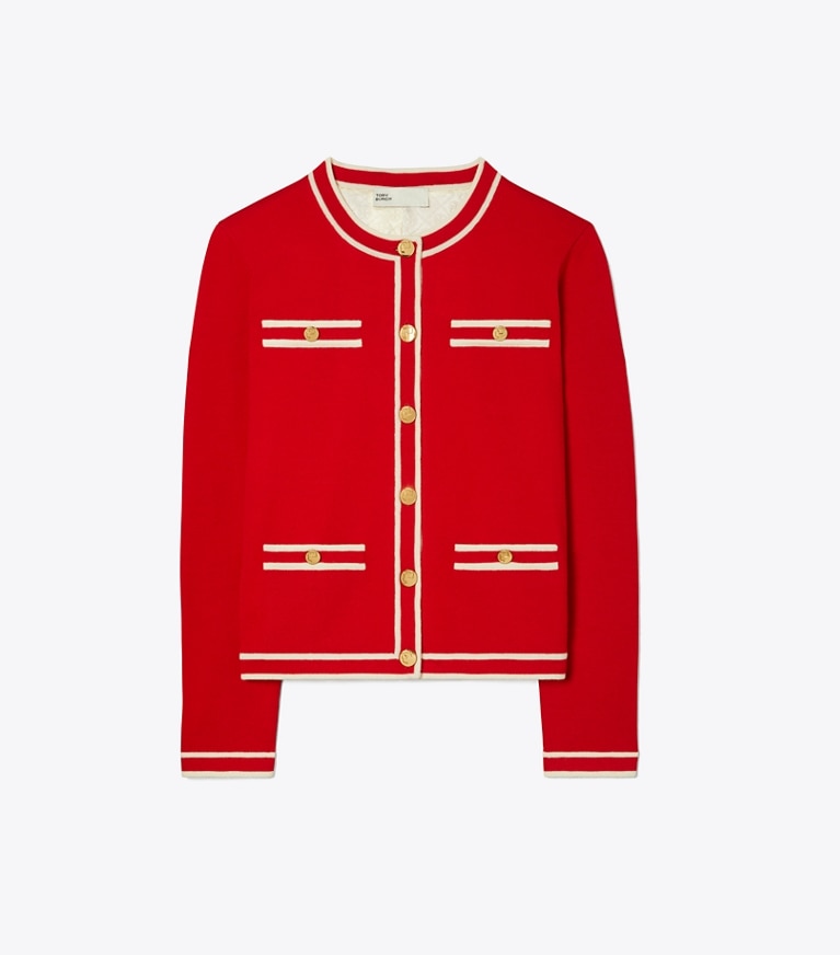 Tory Burch designer セーター ケンドラ カーディガン in Red Begonia / Creme front