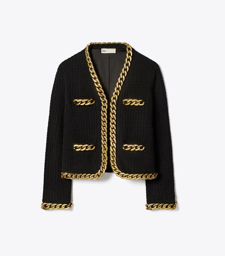 Tory Burch designer strickware Kendra Cardigan mit Kettenverzierung in Black front
