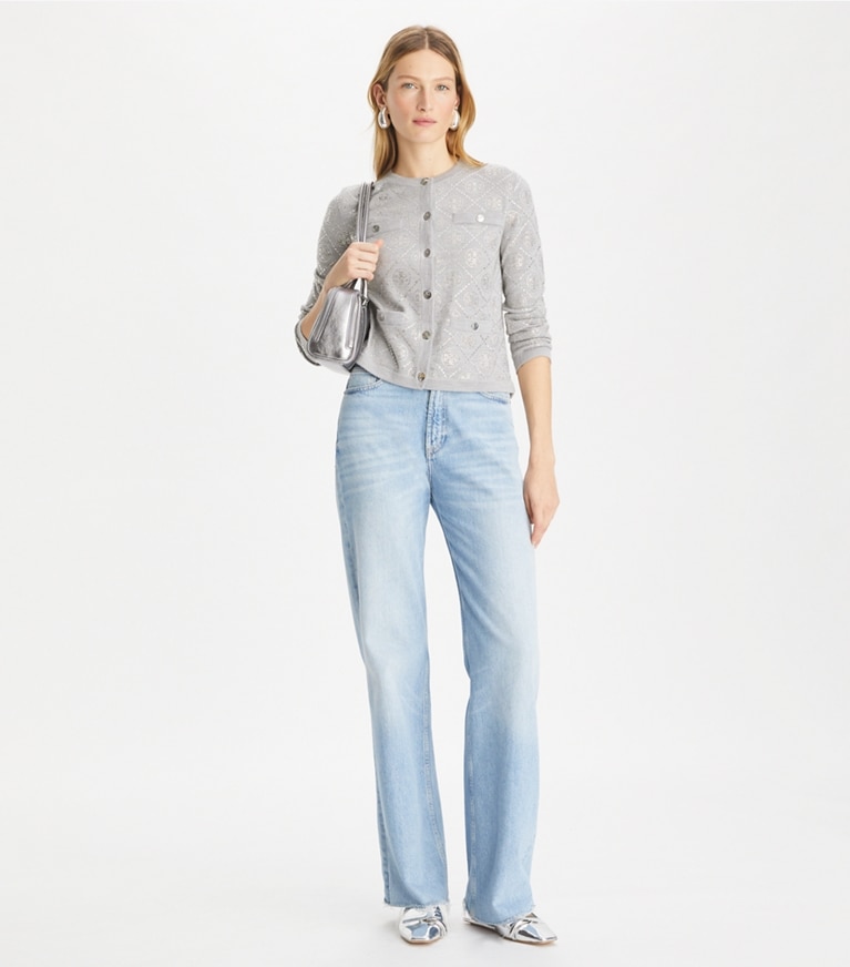 Tory Burch designer strickware Kendra Cardigan mit T-Monogramm in Shadow Gray Melange front