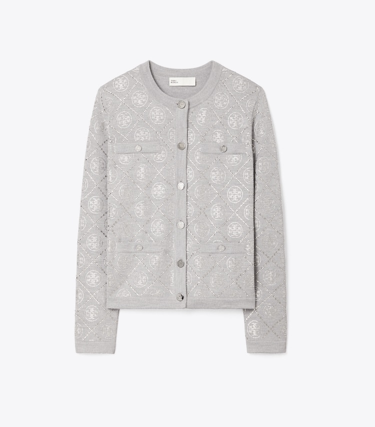 Tory Burch designer strickware Kendra Cardigan mit T-Monogramm in Shadow Gray Melange front