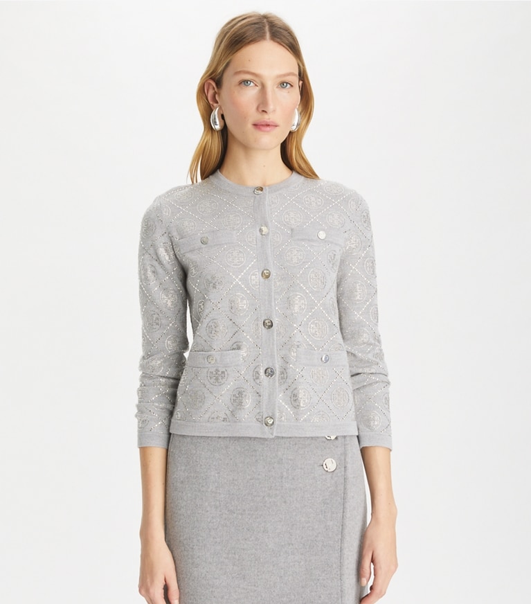 Tory Burch designer strickware Kendra Cardigan mit T-Monogramm in Shadow Gray Melange front