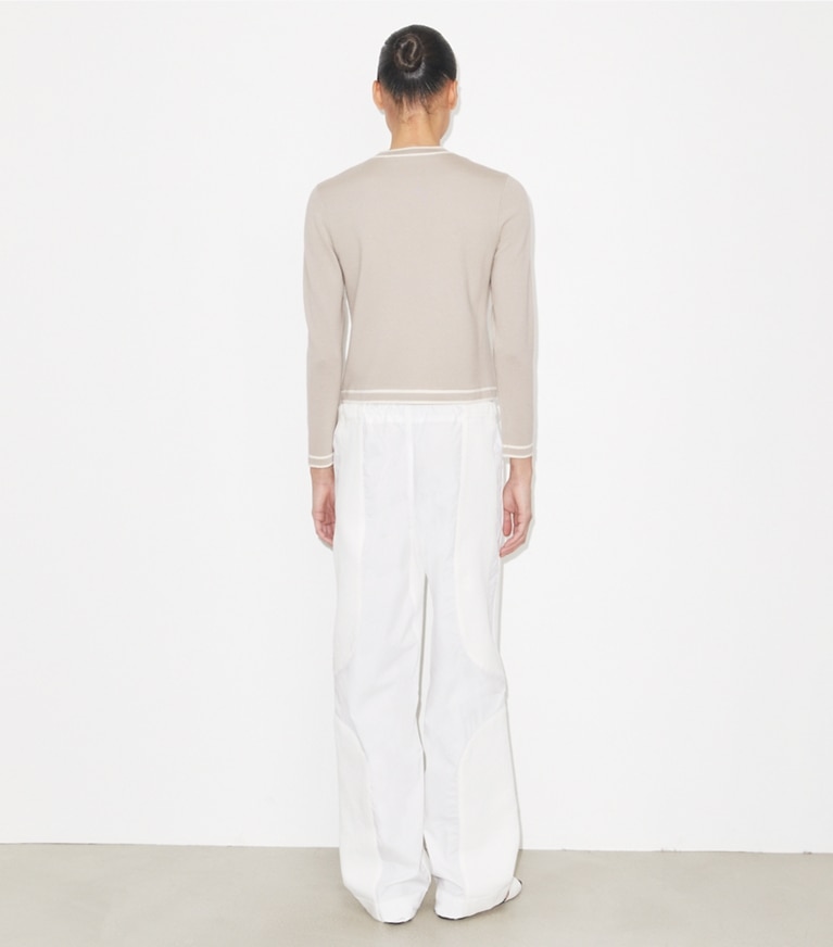 Tory Burch designer sweaters Kendra Cardigan in Gray / New Ivory on model back