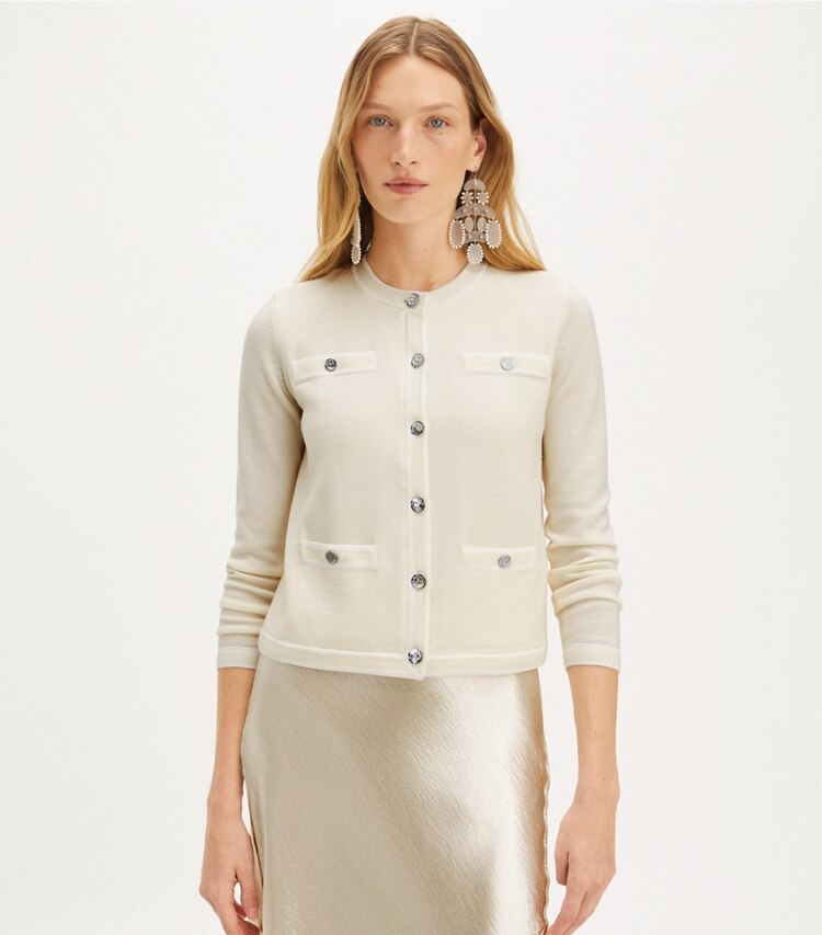 Tory Burch designer sweaters Kendra Cardigan in Light New Ivory / White Asparagus on model detail