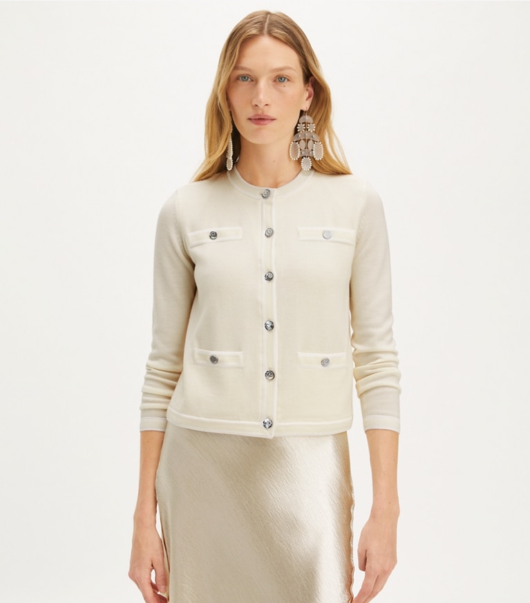 Tory Burch designer sweaters Kendra Cardigan in Light New Ivory / White Asparagus front