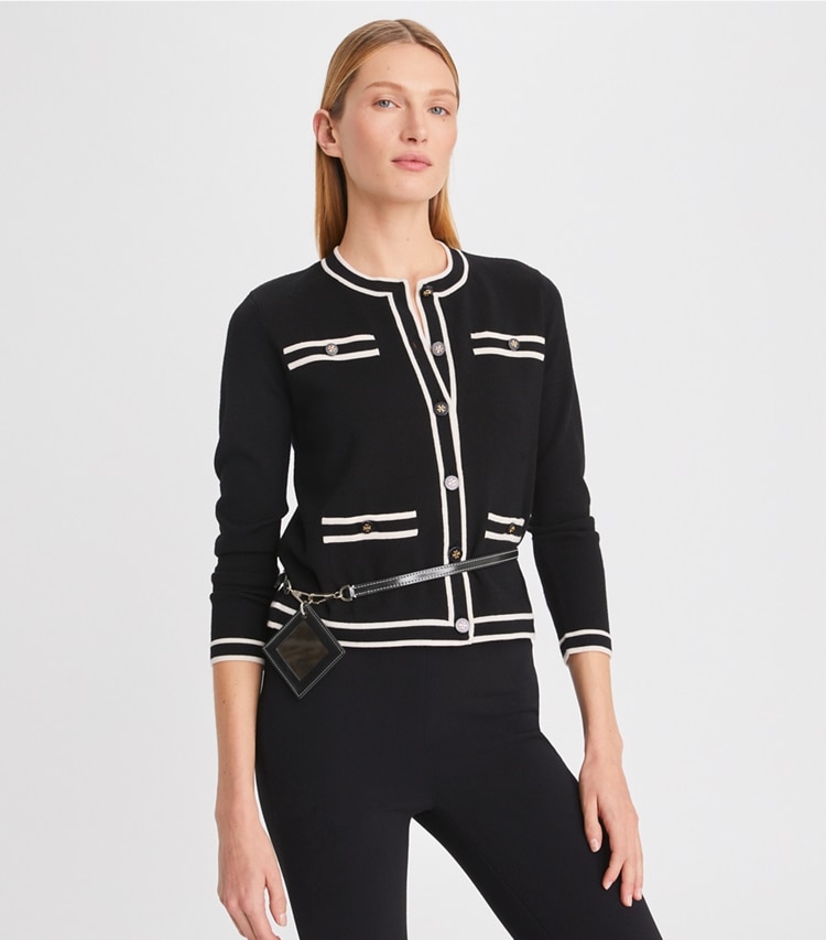 Tory Burch designer sweaters Kendra Cardigan in Black / French Cream on model detail