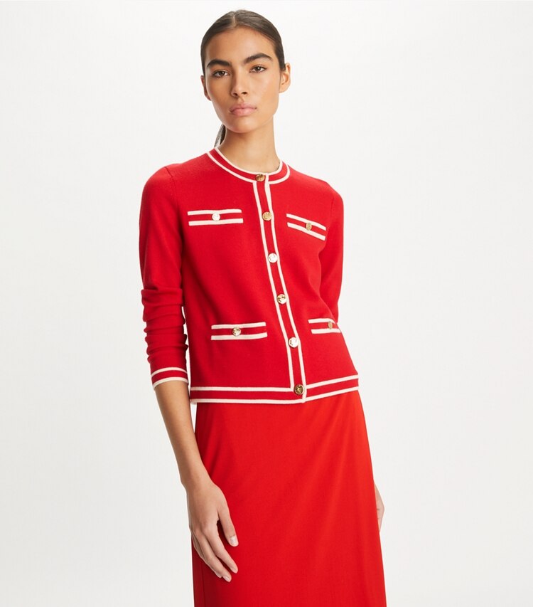 Tory Burch designer セーター ケンドラ カーディガン in Red Begonia / Creme on model detail
