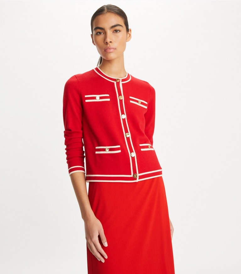 Tory Burch designer セーター ケンドラ カーディガン in Red Begonia / Creme front