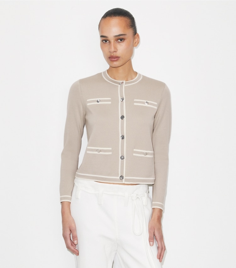 Tory Burch designer sweaters Kendra Cardigan in Gray / New Ivory on model detail