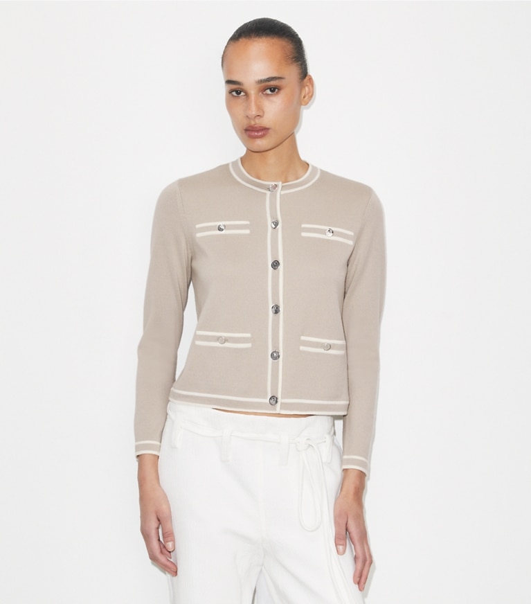 Tory Burch designer sweaters Kendra Cardigan in Gray / New Ivory on model detail