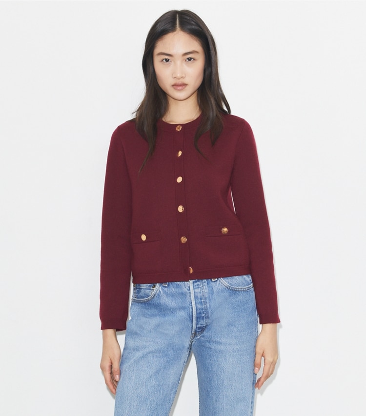 Tory Burch designer strickware Kendra Cardigan in Dark Carmine on model detail