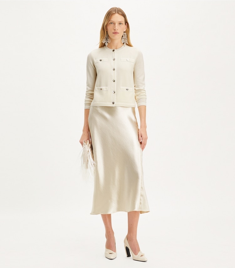 Tory Burch designer sweaters Kendra Cardigan in Light New Ivory / White Asparagus on model front