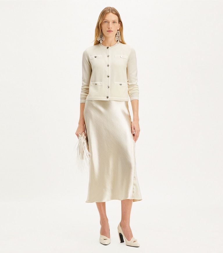 Tory Burch designer sweaters Kendra Cardigan in Light New Ivory / White Asparagus front