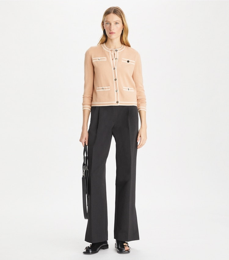 Tory Burch designer sweaters Kendra Cardigan in Rose Silk / French Cream on model front